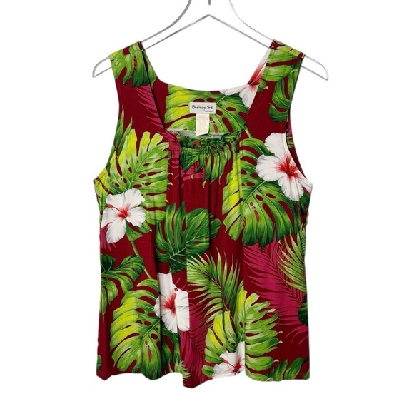 Vintage Tops - Vintage Hawaiian Red Floral Palm Pleated Square Neck Women’s Tank Blouse Sz M